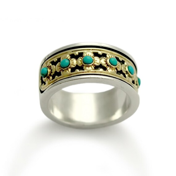 Floral Turquoise band Ethnic Two tones ring Men woman Etsy