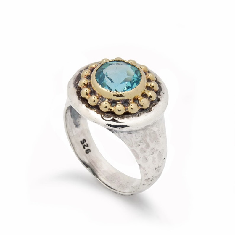 Hammered Silver chunky ring with gold crown and Topaz