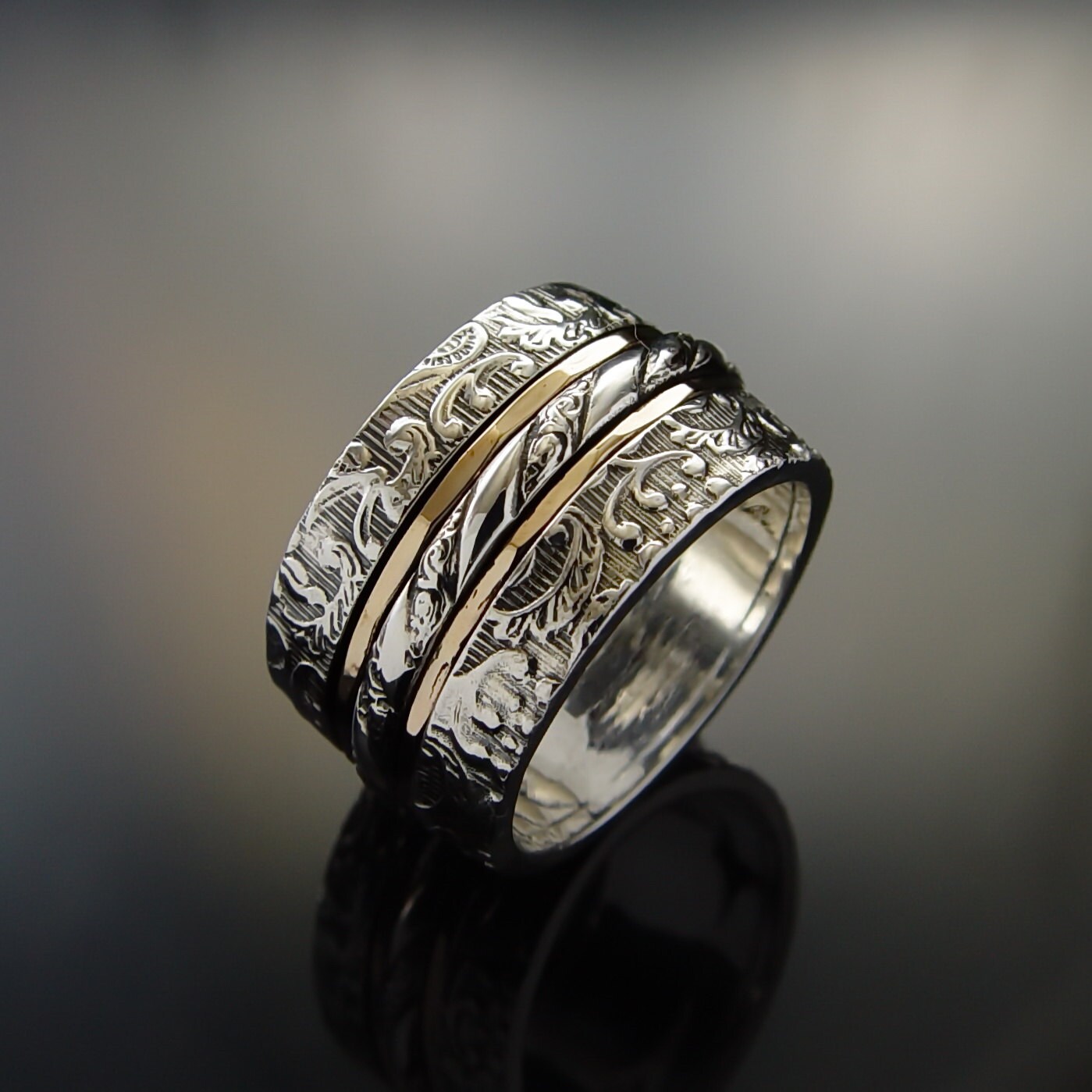 Silver and Gold Spinner Ring With Floral Texture - Etsy