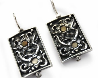 Long two tones earrings, square dangle earrings, Everyday silver earrings, Ethnic Earrings, Floral mixed metals earrings, Yemenite earrings