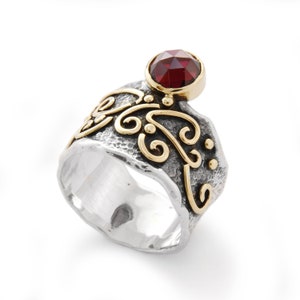 Rustic Garnet Silver band with Gold ornaments, filigree two tones band, January birthstone ring, Vintage ring for woman, Red stone wide band