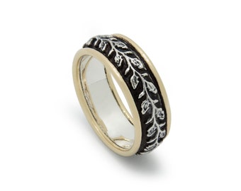 Silver Band with Leaves Pattern and Gold Rim