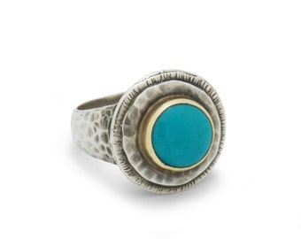 Hammered Silver ring with Gold and  Turquoise