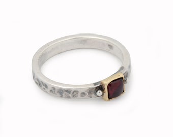 Hammered Silver and Gold ring with Square Garnet