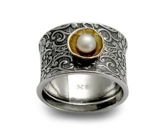 Silver floral wide band with Gold and Pearl