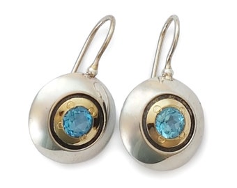 Two tone round Earrings with Blue Topaz
