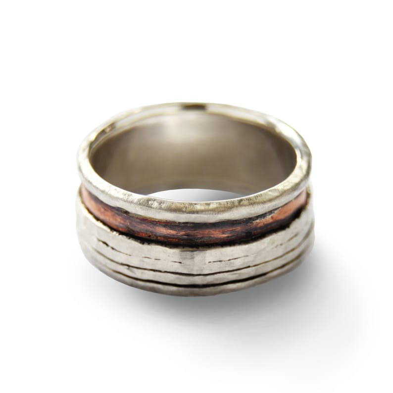 Modern band rustic wedding ring Mixed metals band Men organic band everyday wide band Copper silver spinner ring Two tone men ring