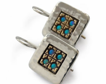 Opal two tone earrings, square dangle earrings, Blue opal gemstone, Everyday ethnic Earrings, small blue gemstone earrings,Yemenite earrings