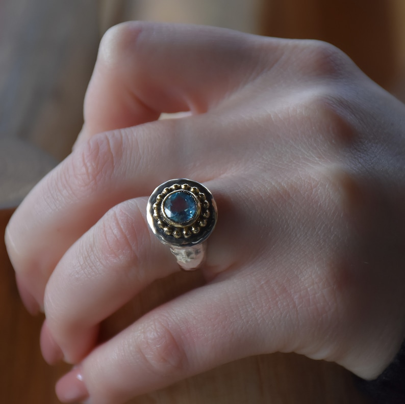 Hammered Silver chunky ring with gold crown and Topaz