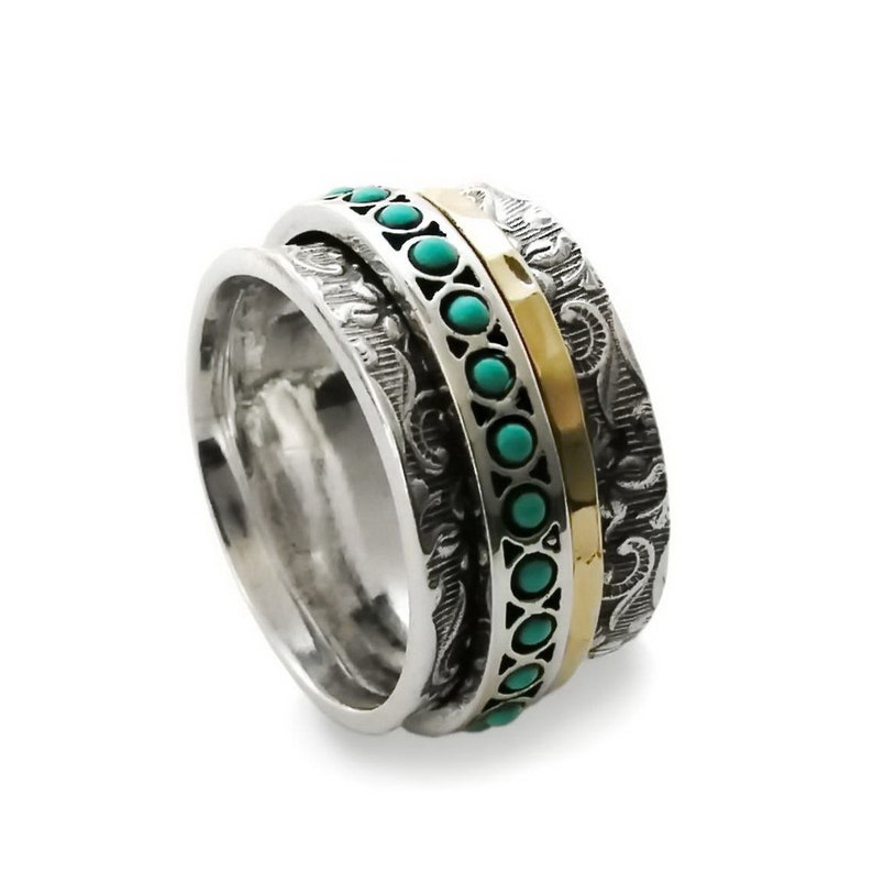Floral wide spinner ring with Turquoise image 3