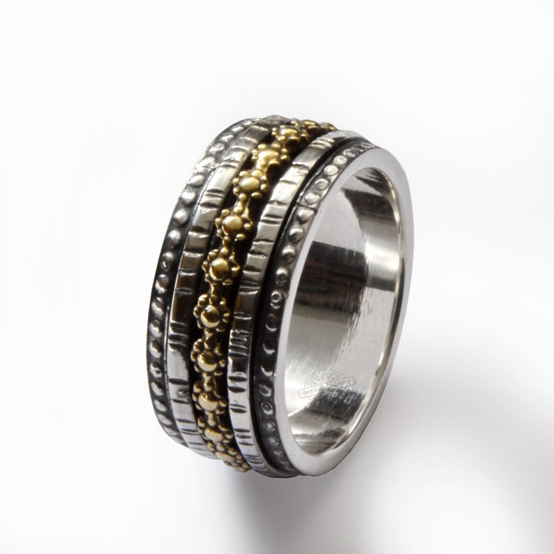 men woman worry ring Wide Wedding band everyday ring Textured silver band matching bands Flower spinner band Mixed metals Spinner ring