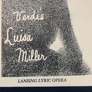 Pode incluir: Uma imagem em preto e branco do rosto de uma mulher com o texto "Verdi's Luisa Miller" e "Lansing Lyric Opera" abaixo.
