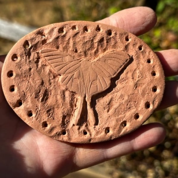 Terracotta Luna Moth hand carved Pine Needle Basket Base