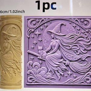 May include: A cylindrical beige rolling pin and a square purple silicone mold, both featuring a relief design of a witch on a broomstick with a cat, stars, and a moon. The dimensions are 2.6cm/1.02inch in diameter and 8cm/3.14inch in height.