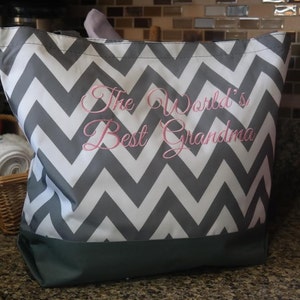Gray CHEVRON Tote Bag Beach Bag With Monogram Baby Pink Bridesmaid Gift, Teachers, Mom, Grandma image 1