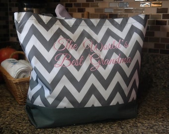 Gray CHEVRON Tote Bag Beach Bag With Monogram (Baby Pink) -Bridesmaid Gift, Teachers, Mom, Grandma