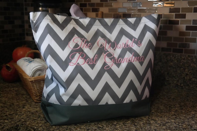 Gray CHEVRON Tote Bag Beach Bag With Monogram Baby Pink Bridesmaid Gift, Teachers, Mom, Grandma image 1