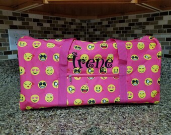 Pink Emoji Icon Round Duffel Bag with Embroidery for summer camps, family trips, birthday gift, back to school, field trip