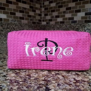 Personalized Travel Sized Hot Pink Waffle Cosmetic Bag w/ Embroidery, Bridesmaid Gift, Mother's Day Gift, Wedding Gift, Valentine's Day Gift immagine 1