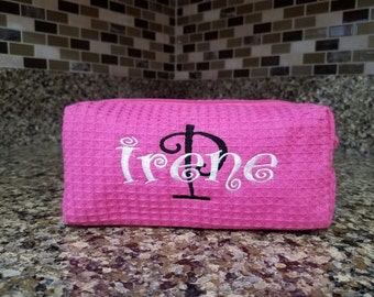 Personalized Travel Sized Hot Pink Waffle Cosmetic Bag w/ Embroidery, Bridesmaid Gift, Mother's Day Gift, Wedding Gift, Valentine's Day Gift