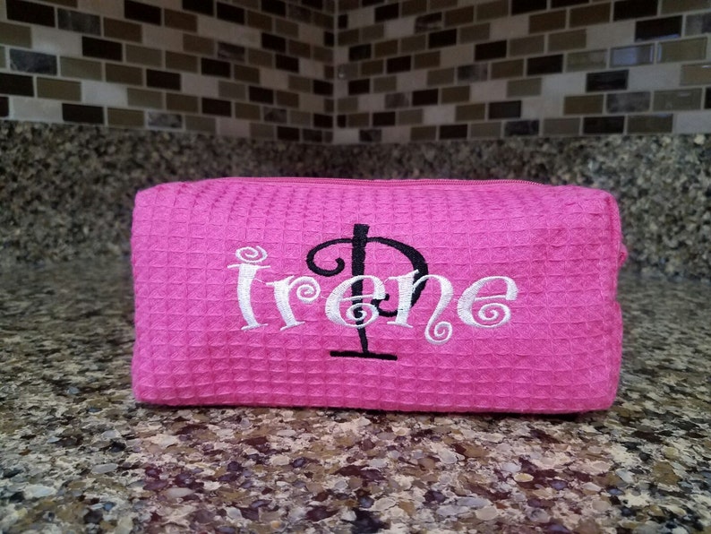 Personalized Travel Sized Hot Pink Waffle Cosmetic Bag w/ Embroidery, Bridesmaid Gift, Mother's Day Gift, Wedding Gift, Valentine's Day Gift image 1