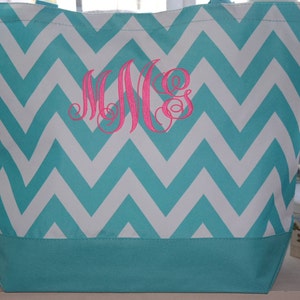 Turquoise CHEVRON Tote Bag Beach Bag With Monogram (Embroidery)-Bridesmaid Gift, Teachers, Mom