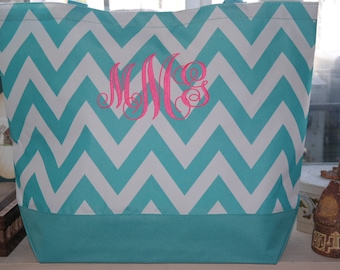 Turquoise CHEVRON Tote Bag Beach Bag With Monogram (Embroidery)-Bridesmaid Gift, Teachers, Mom