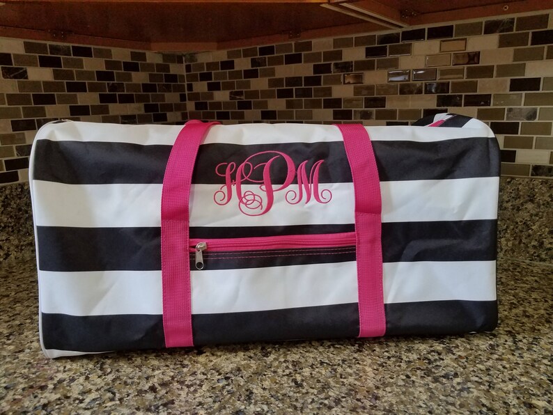 Black&White Stripe with Pink Trim Round Duffel Bag with Etsy