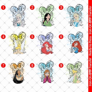 May include: Nine Disney princess iron-on DTF transfers. Each design features a princess within a Mickey Mouse ear outline, with watercolour and firework effects. The princesses include Elsa, Mulan, Ariel, and Tinkerbell.
