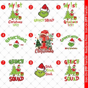 Puede incluir: Una colección de transferencias DTF termoadhesivas con temática navideña con el Grinch. Los diseños incluyen al Grinch con gorro de Papá Noel, árboles de Navidad y texto como "Grinch Squad". Listo para planchar.