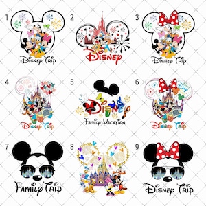 May include: Nine Disney-themed designs featuring Mickey Mouse ears, characters, and text. Designs include Mickey and Minnie Mouse, fireworks, castles, and the words "Disney Trip" and "Family Vacation".