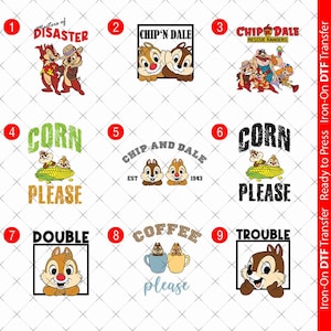 Chip Dale Iron On DTF transfer A6 A5 A4 T-shirt decal Hot Fix Ready To Press for garment fabric Double Trouble Friends Chipmunk Coffee 00113