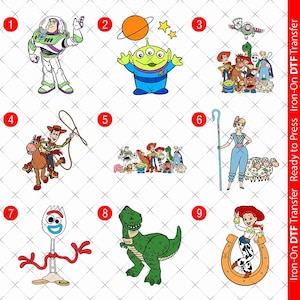 Könnte beinhalten: Eine Sammlung farbenfroher Cartoon-Charakter-Designs aus dem Toy Story-Franchise. Die Designs umfassen Buzz Lightyear, einen Außerirdischen, Woody, Jessie, Rex und andere. Das Bild enthält auch den Text "Iron-On DTF Transfer Ready to Press".