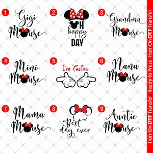 Może przedstawiać: Kolekcja transferów DTF do prasowania z motywami Minnie Mouse. Transfery zawierają frazy takie jak "Gigi Mouse", "Happy Day", "Grandma Mouse" i "Best Day Ever", z charakterystyczną kokardą Minnie.