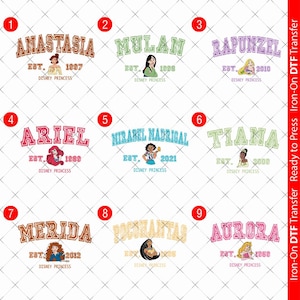Disney Princess Iron On DTF transfer A6 A5 A4 T-shirt decor Ready To Press Ariel Rapunzel Mulan Tiana Anastasia Merida Pochhontas 00093