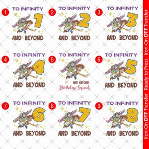 May include: Iron-on DTF transfers featuring Buzz Lightyear and Woody with the phrase "To Infinity and Beyond." Each design includes a number from 1 to 9 in yellow, suitable for birthday celebrations. The transfers are ready to press.