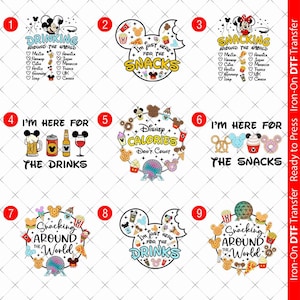 Op de afbeelding: Een verzameling van negen kleurrijke DTF-transfers om op te strijken met Mickey Mouse-ontwerpen. Elk ontwerp bevat tekst zoals "Drinking Around the World", "I'm Just Here for the Snacks" en "Disney Calories Don't Count."