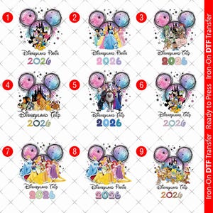 May include: Iron-on DTF transfers with Disney characters like Mickey Mouse, princesses, and characters from "Frozen" and "The Lion King." Each design includes the text "Disneyland Paris" or "Disneyland Trip" and the year "2026."