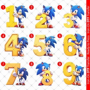 May include: Nine iron-on transfers featuring the video game character Sonic the Hedgehog holding a large yellow number. The numbers are 1 through 9.