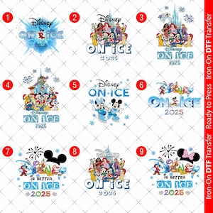 May include: A selection of Disney "On Ice" iron-on DTF transfers. Designs feature Mickey and Minnie Mouse, various Disney characters, and the text "On Ice 2025". Ready to press.