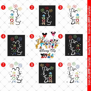 Może przedstawiać: Kolekcja transferów DTF do prasowania z sylwetkami Myszki Miki i rokiem 2026 w różnych kolorach. Niektóre projekty zawierają fajerwerki i tekst "Disney Trip 2026". Gotowe do prasowania.