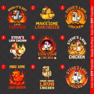 Pode incluir: Nove transferências de ferro diferentes que apresentam imagens pixeladas de galinhas em chamas com texto que diz "Bruh it's hot", "Make some lava chicken", "Steve's lava chicken" e "Lava chicken".