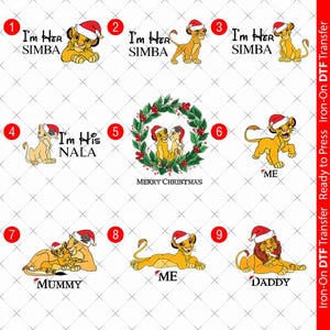 May include: A selection of Lion King Christmas designs featuring Simba, Nala, and family members in Santa hats. Text includes "I'm Her Simba", "I'm His Nala", "Merry Christmas", "Mummy", "Me", and "Daddy".