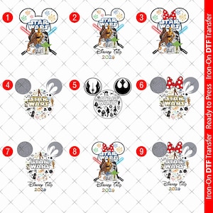 Pode incluir: Uma coleção de transferências DTF para passar a ferro com o tema Star Wars. Os designs incluem orelhas do Mickey Mouse com logotipos de Star Wars, personagens e o texto "Disney Trip 2026". Alguns designs apresentam um laço vermelho.