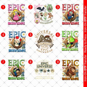 Op de afbeelding: Een verzameling kleurrijke DTF-transferprints met verschillende personages en logo's. Ontwerpen omvatten personages als Princess Peach, Mario, Yoshi en Donkey Kong, samen met de woorden "EPIC UNIVERSE" en "UNIVERSAL".