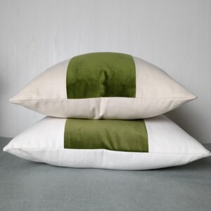 Olive Green Pillow Cover Tri Panel Color Block with White or Off-White Side Panels 18x18 20x20 Made To Order image 6