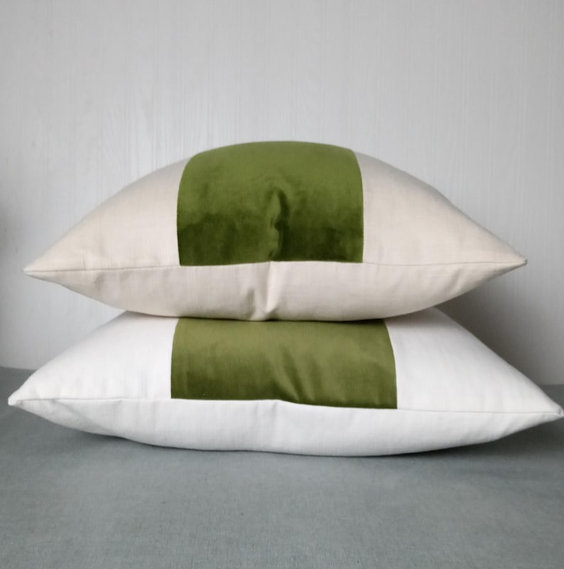 Olive Green Pillow Cover Tri Panel Color Block with White or Off-White Side Panels 18x18 20x20 Made To Order image 6