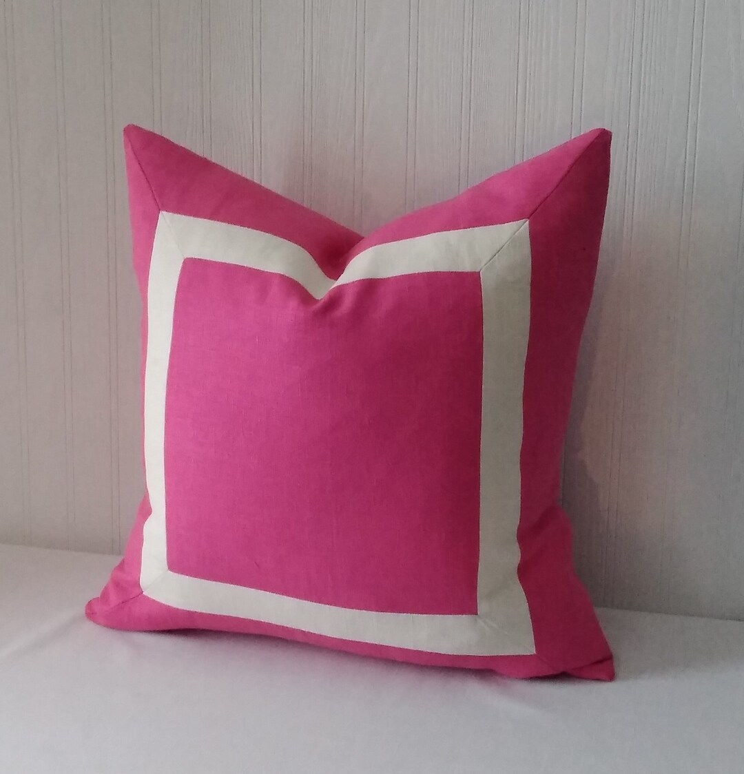 Fuchsia Pink Pillow Cover With Ivory or White Mitered Band Linen Rayon