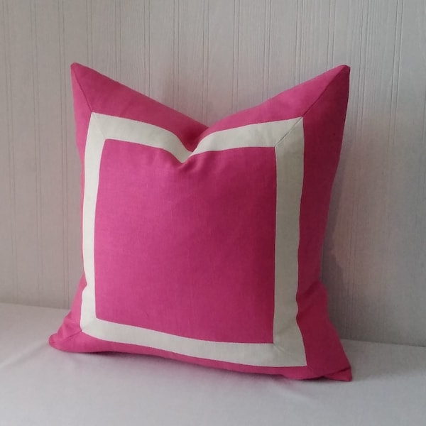 Fuchsia Pink Pillow Cover with Ivory or White Mitered Band Linen Rayon 18x18 20x20 22x22 24x24 MADE TO ORDER