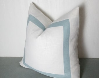 White Pillow Cover with Light Blue Mitered Band 18x18 20x20 22x22 24x24 Made To Order Bed Sham Standard Queen King